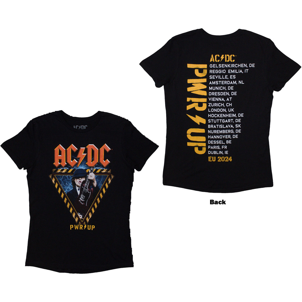 AC/DC Ladies T-Shirt: Angus Triangle PWR-UP EU Tour '24 (Black) (Back Print & Ex-Tour)