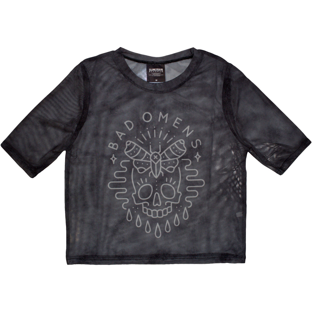 Bad Omens Ladies Mesh Crop Top: Moth Skull (Charcoal Grey)
