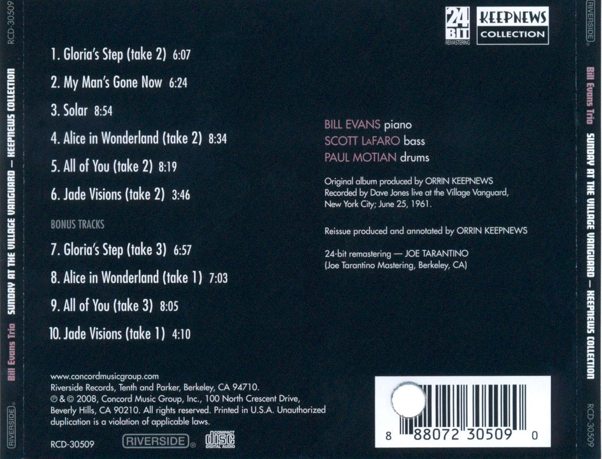 Bill Evans Trio – Sunday at the Village Vanguard — back cover