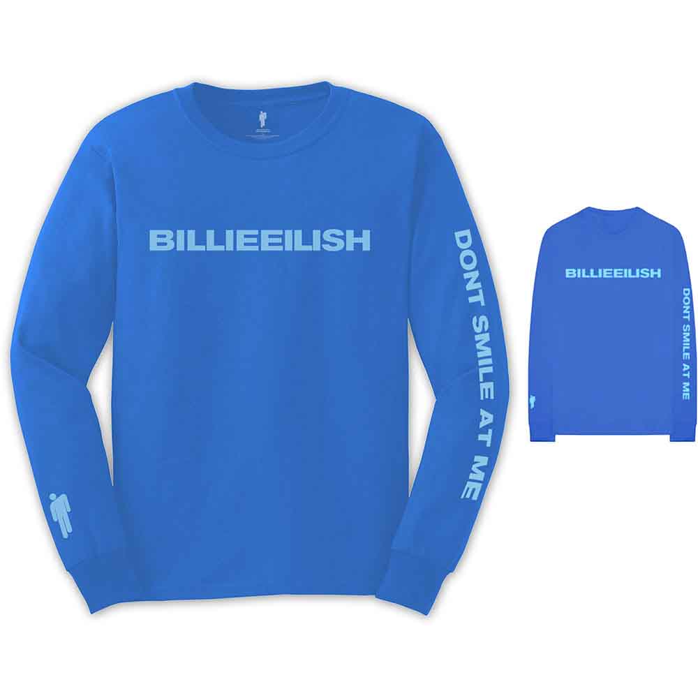 Billie Eilish Unisex Long Sleeve T-Shirt: Smile (Mid Blue) (Back & Sleeve Print)