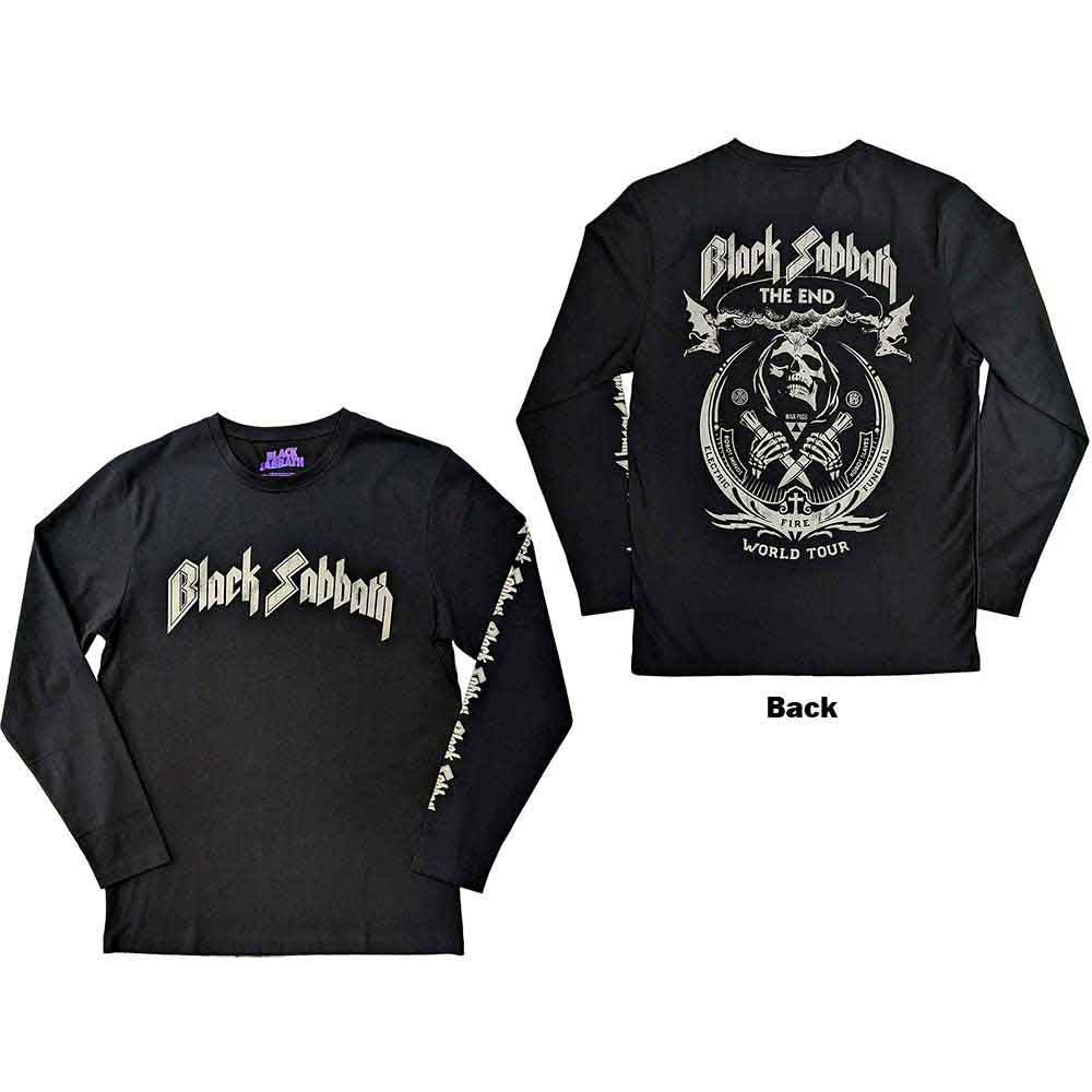 Black Sabbath Unisex Long Sleeve T-Shirt: The End Mushroom Cloud (Black) (Back & Sleeve Print)