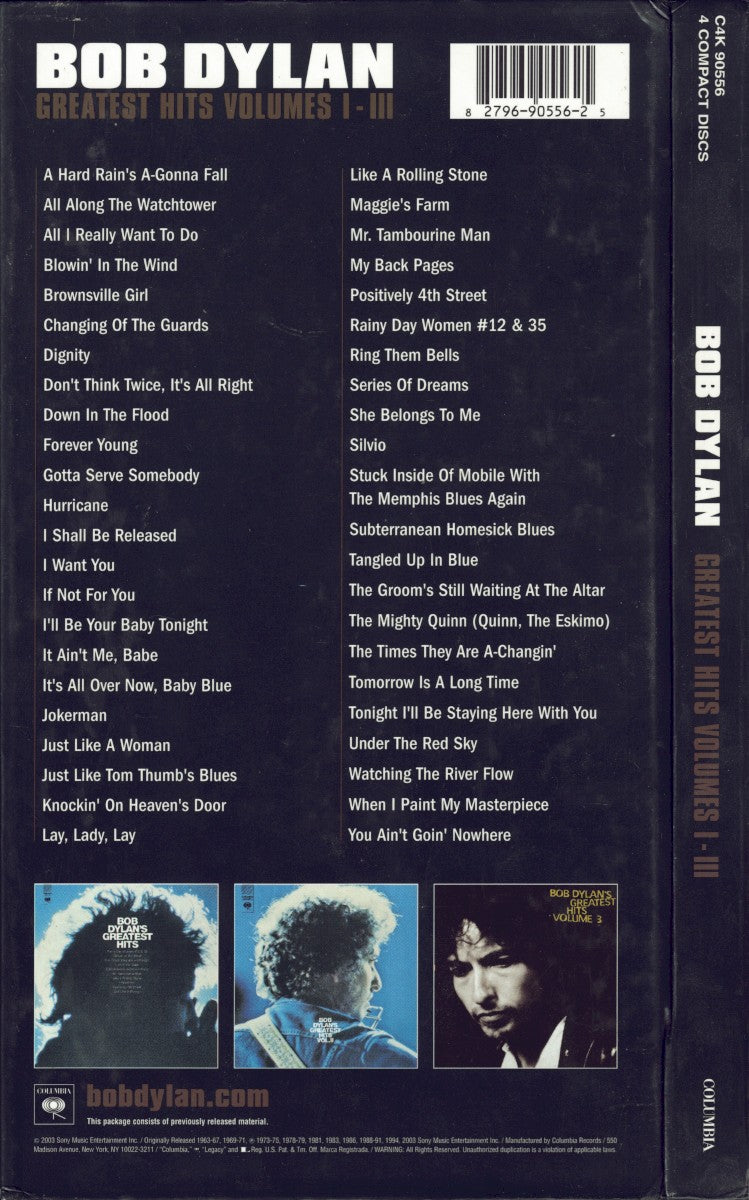 Bob Dylan – Greatest Hits Volumes I–III — back cover