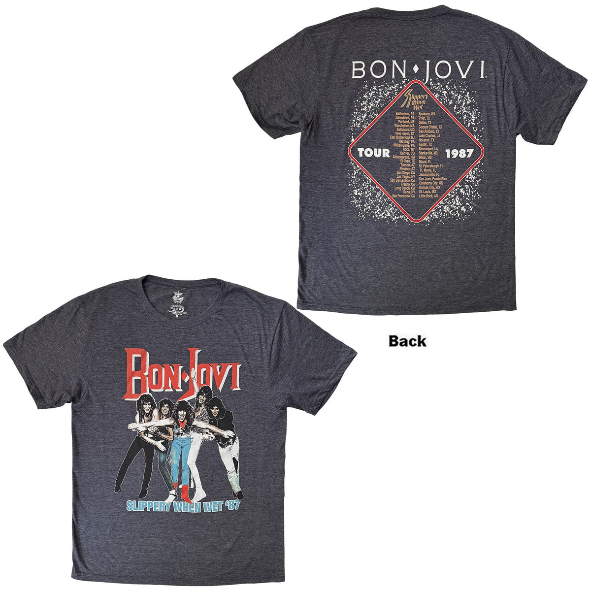 Bon Jovi Unisex T-Shirt: Slippery When Wet '87 (Denim Blue) (Back Print)