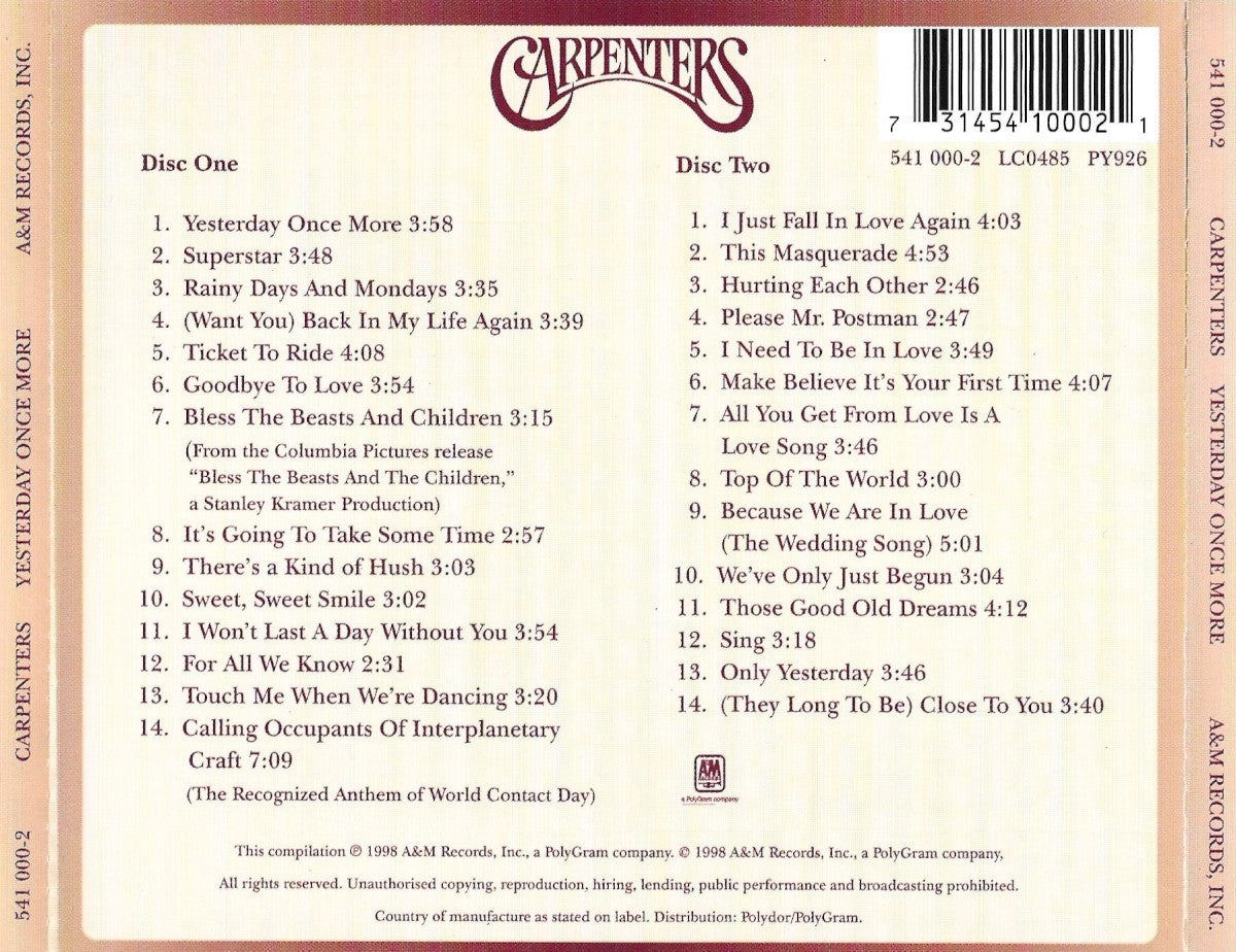 Carpenters – Yesterday Once More: Greatest Hits 1969-1983 — back cover