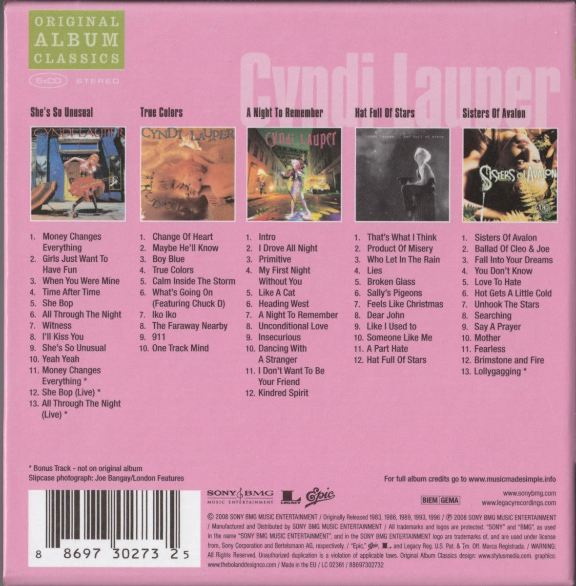 Cyndi Lauper – Original Album Classics — back cover