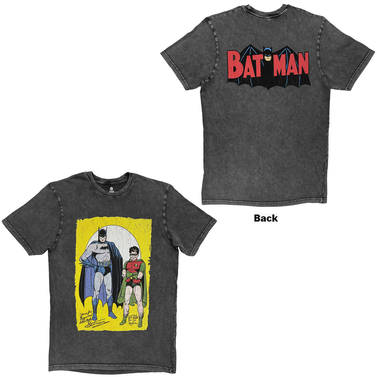 DC Comics Unisex Stone Wash T-Shirt: Batman with Robin Classic Logo (Charcoal Grey) (Back Print)
