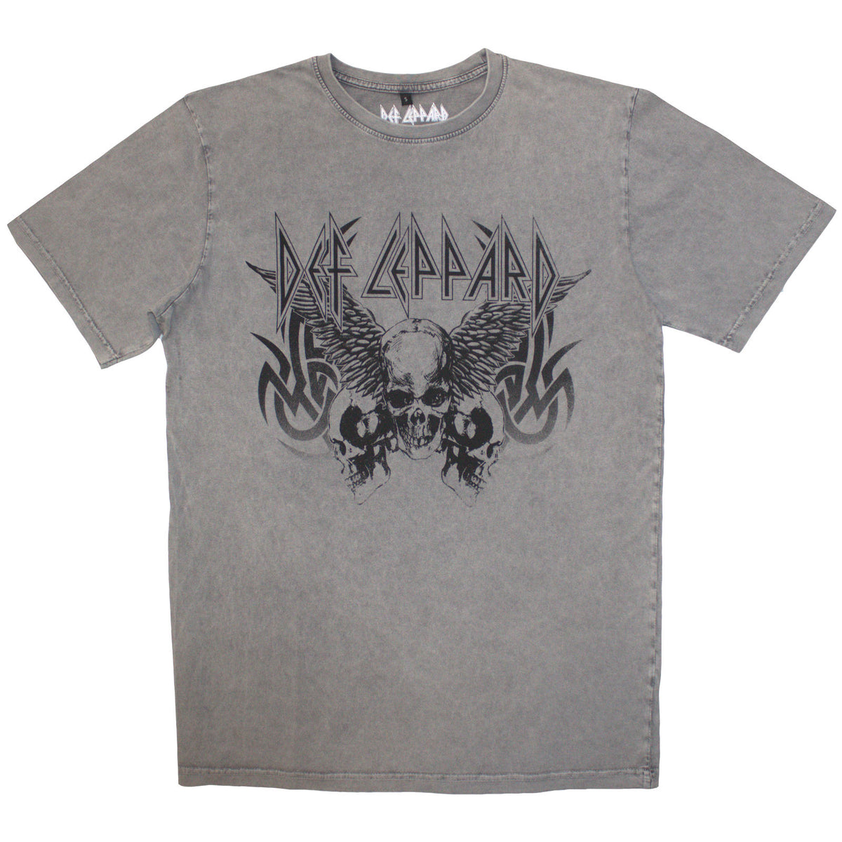 Def Leppard Unisex Stone Wash T-Shirt: Tribal Skull (Grey)