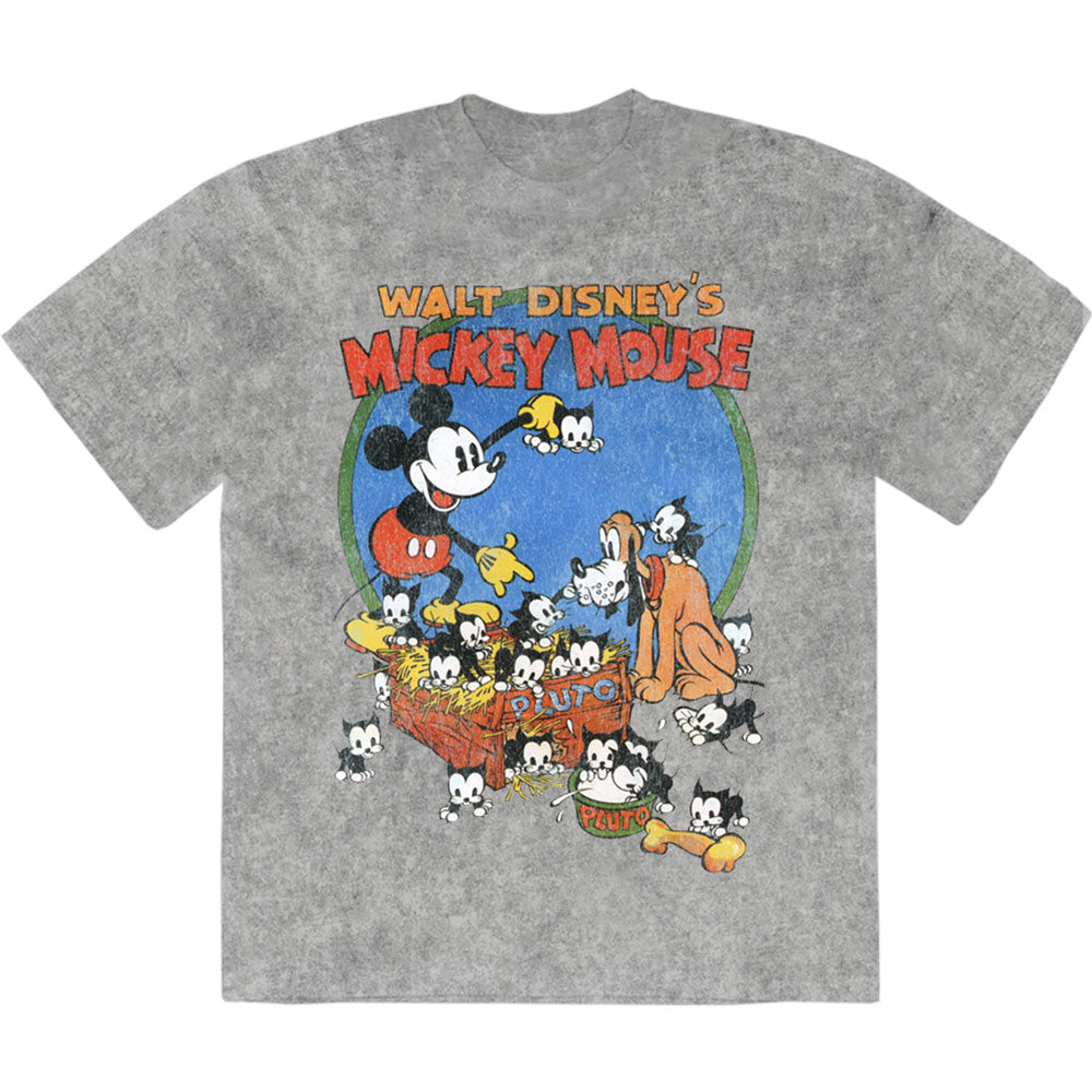 Disney Unisex Stone Wash T-Shirt: Mickey Cat Basket (Grey)