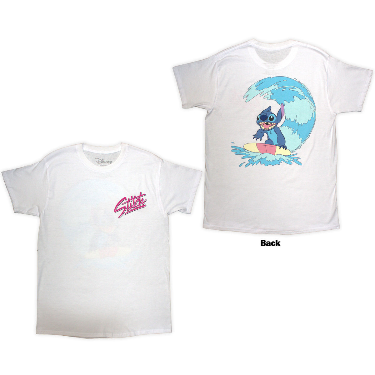 Disney Unisex T-Shirt: Stitch Surf (White) (Back Print)