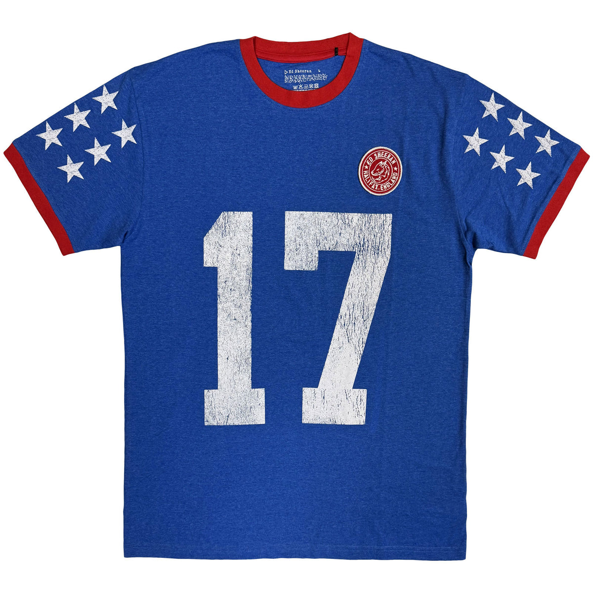 Ed Sheeran Unisex Ringer T-Shirt: Play 17 (Blue) (Sleeve Print)