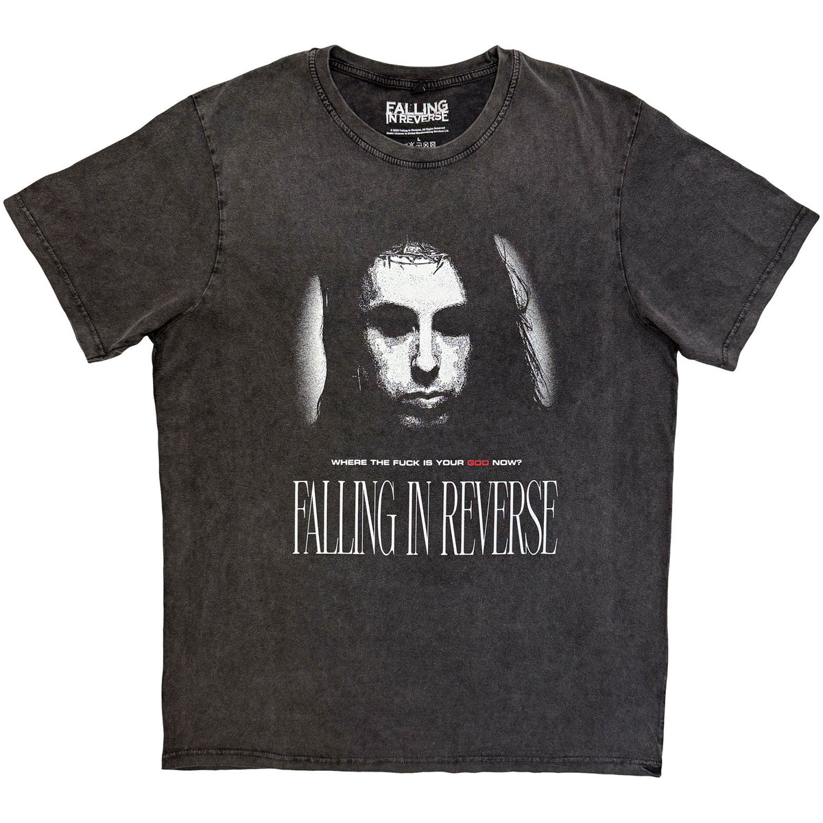 Falling In Reverse Unisex Stone Wash T-Shirt: Where's Your God (Charcoal Grey)