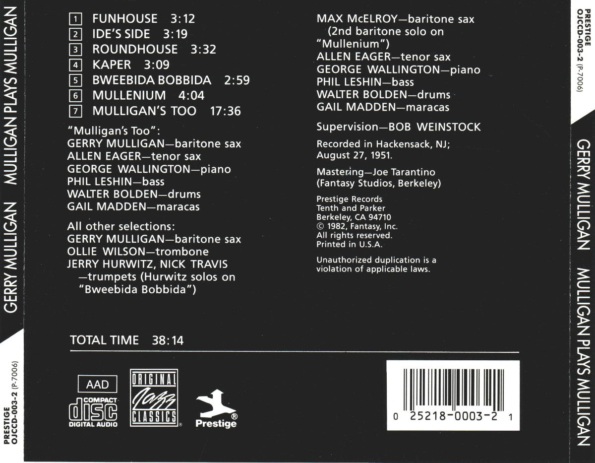 Gerry Mulligan – Mulligan Plays Mulligan — back cover