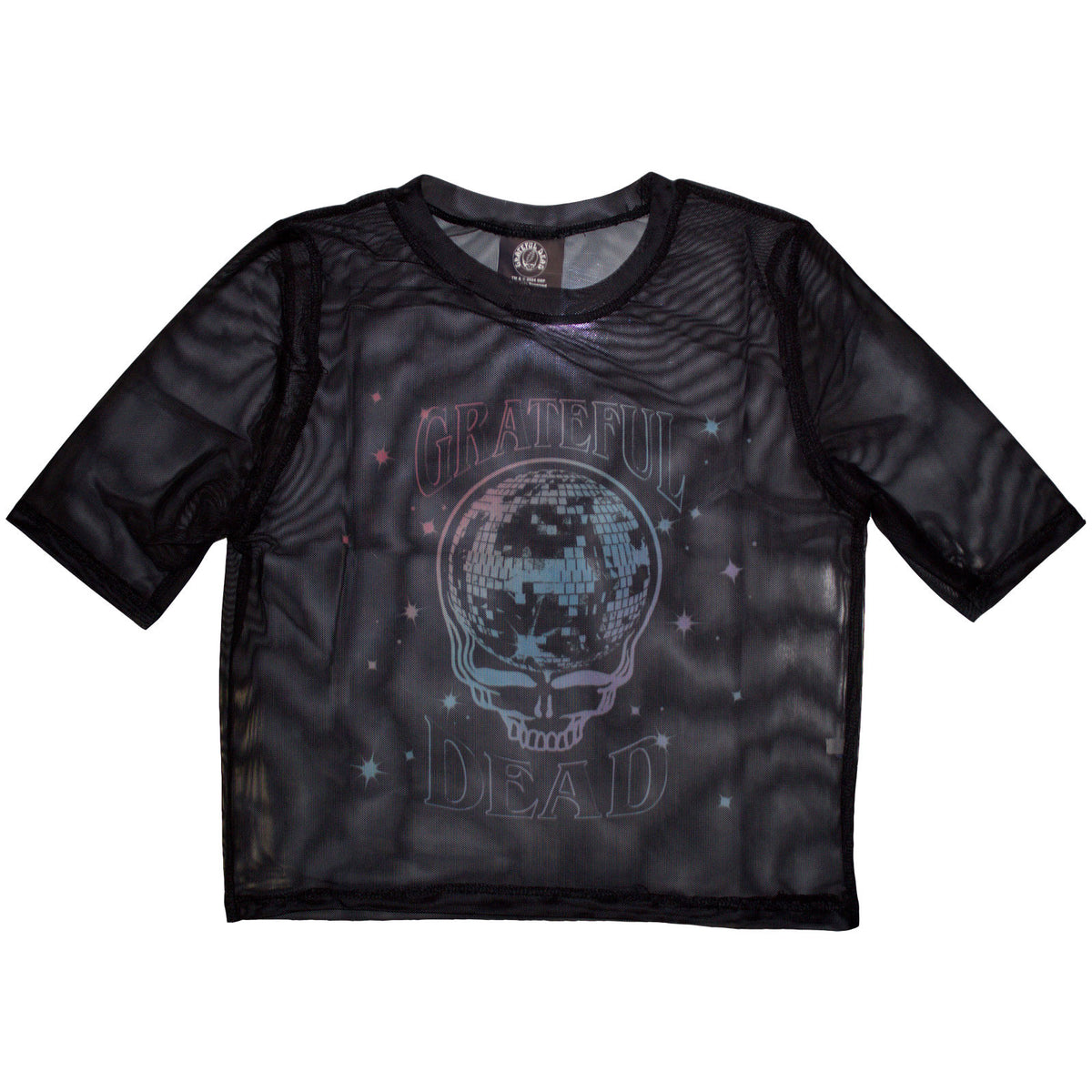 Grateful Dead Ladies Mesh Crop Top: Stealy Glitter Ball (Black)