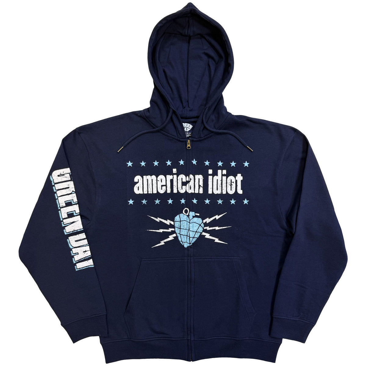 Green Day Unisex Zipped Hoodie: American Idiot Electric (Navy) (Sleeve Print)