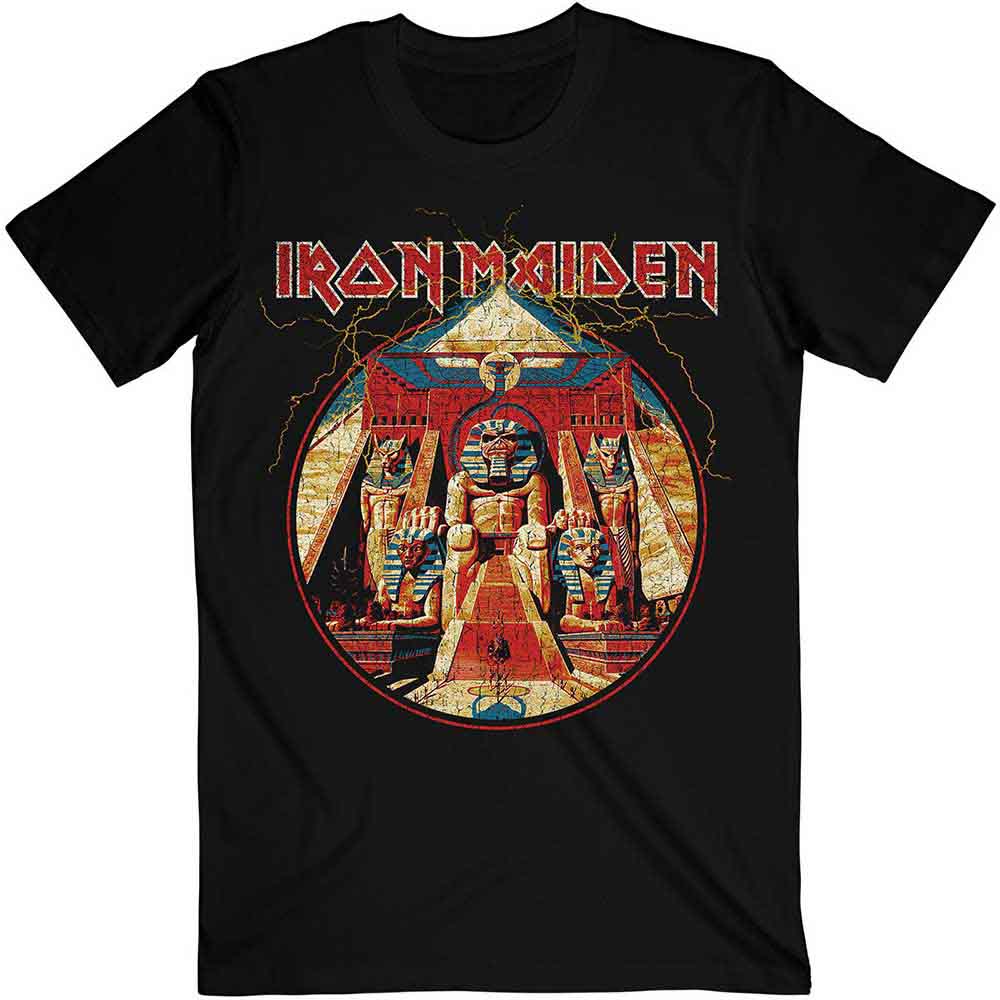 Iron Maiden Unisex T-Shirt: Powerslave Lightning Circle (Black)