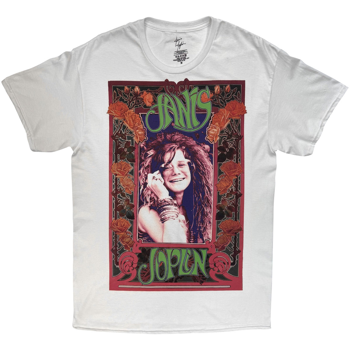 Janis Joplin Unisex T-Shirt: Rose Border (White)