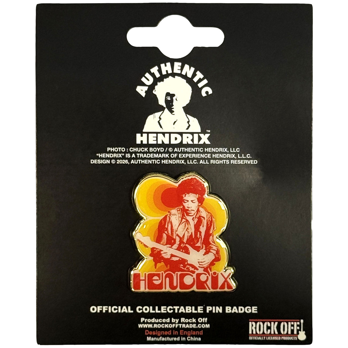 Jimi Hendrix Pin Badge: Jimi & Guitar