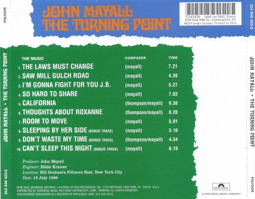 John Mayall – The Turning Point — back cover