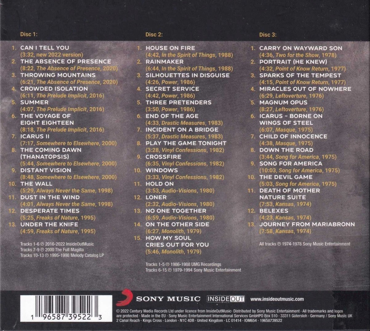 Kansas – Another Fork in the Road: 50 Years of Kansas — back cover
