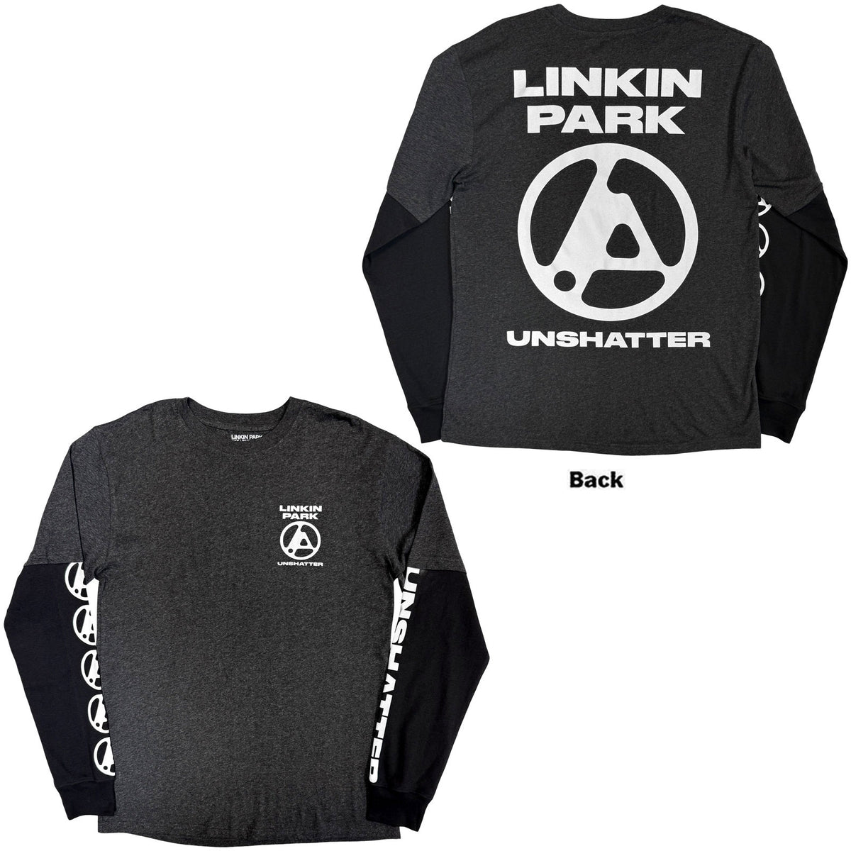 Linkin Park Unisex 2 In 1 Layered Long Sleeve T-Shirt: Unshatter (Charcoal Grey & Black) (Back Print & Sleeve Print)