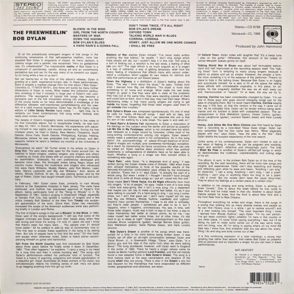 Bob Dylan – The Freewheelin' Bob Dylan — back cover