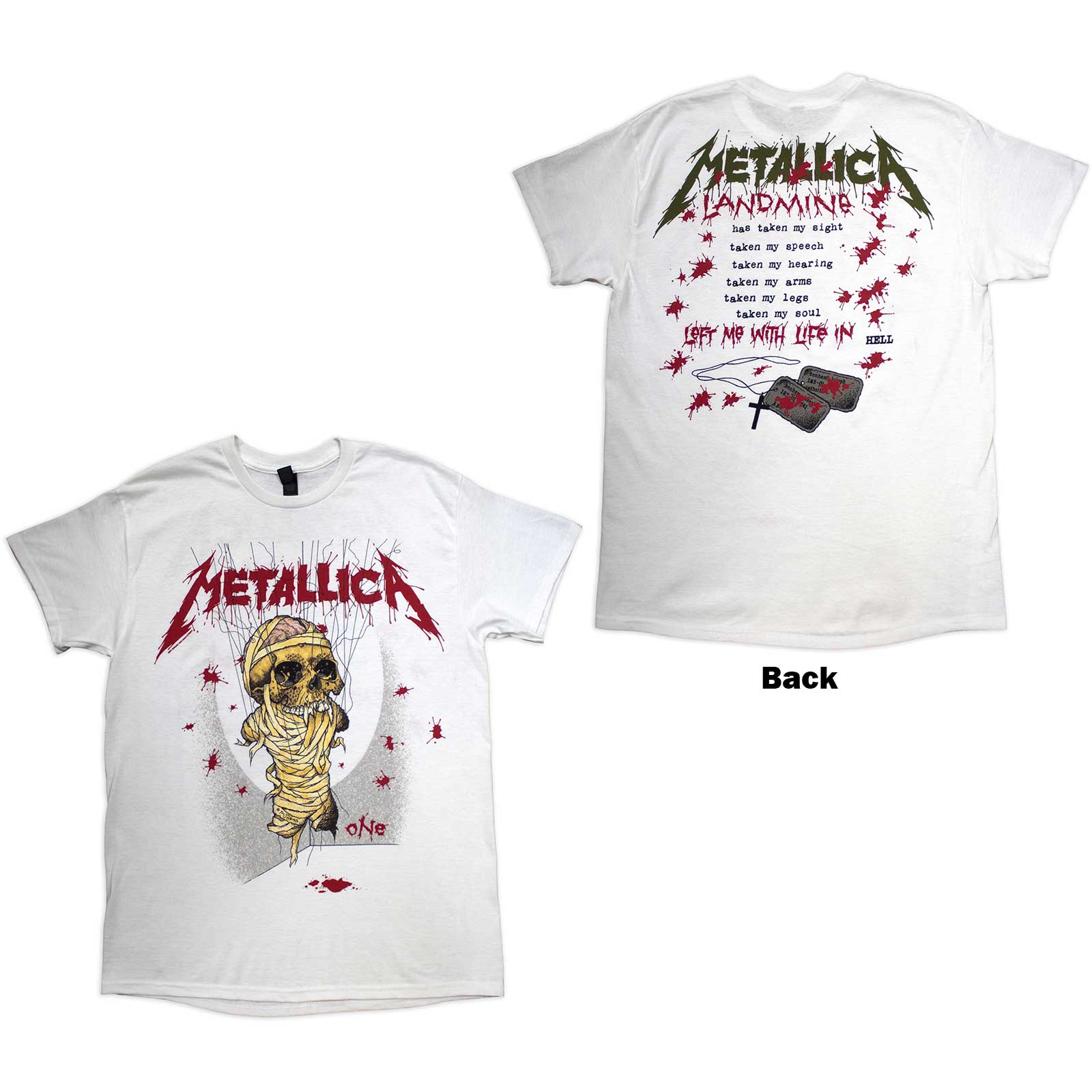Metallica Unisex T-Shirt: One Landmine (White) (Back Print)