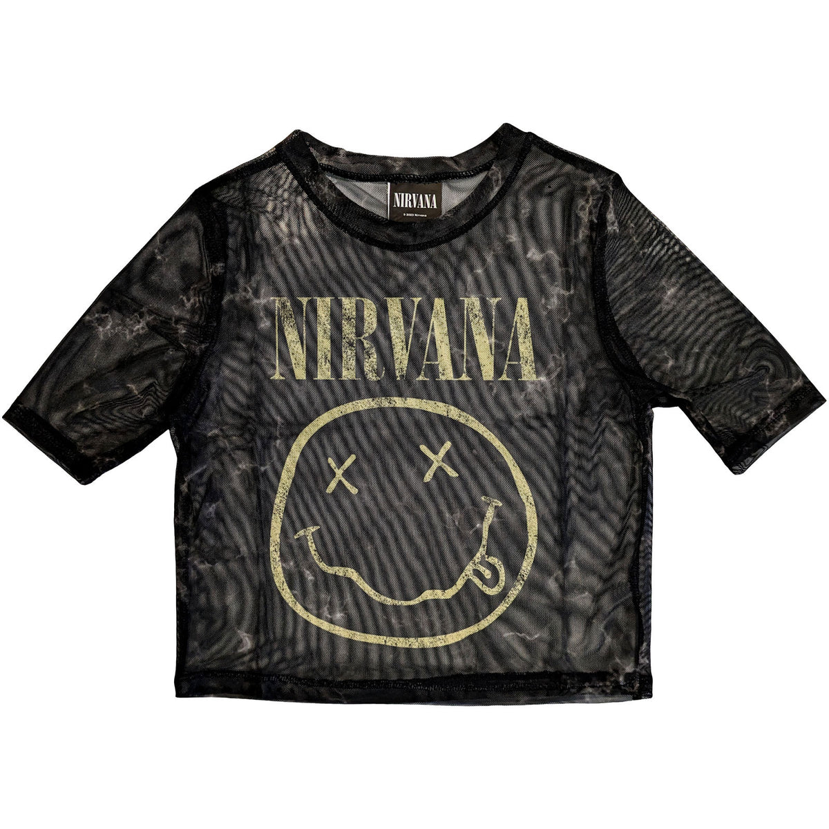 Nirvana Ladies Mesh Crop Top: Yellow Happy Face (Black)