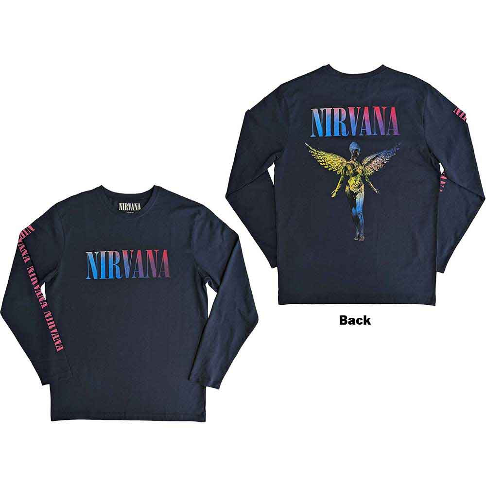 Nirvana Unisex Long Sleeve T-Shirt: Angelic Gradient (Navy Blue) (Back & Sleeve Print)