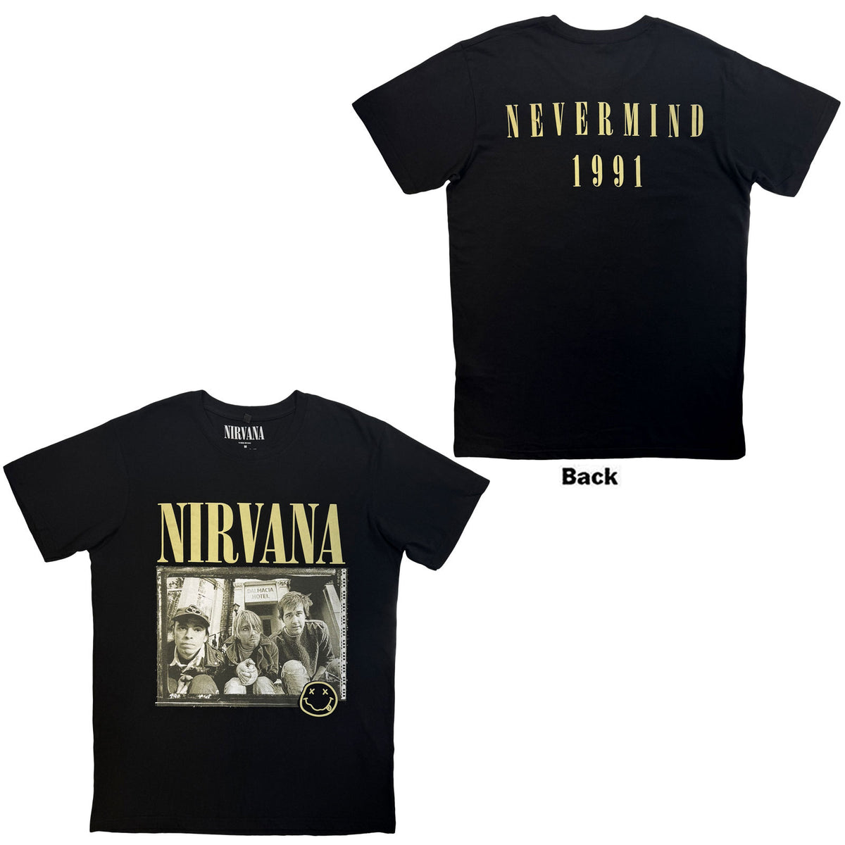 Nirvana Unisex Premium Carbon T-Shirt: Nevermind '91 Hotel Photo (Black) (Back Print)