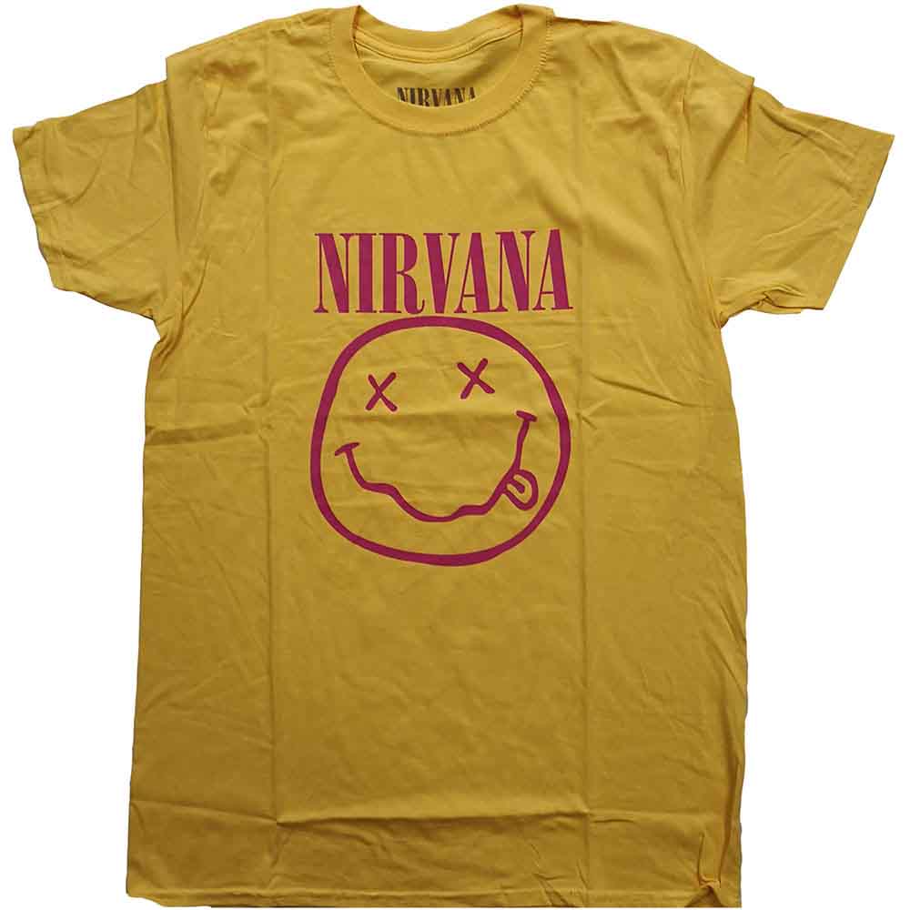 Nirvana Unisex T-Shirt: Pink Happy Face (Yellow) (LOS)