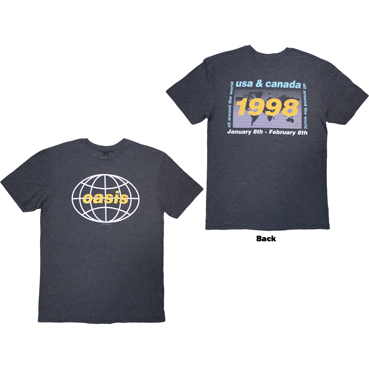 Oasis Unisex T-Shirt: 1998 World Tour - USA/Canada (Navy Blue) (Back Print)
