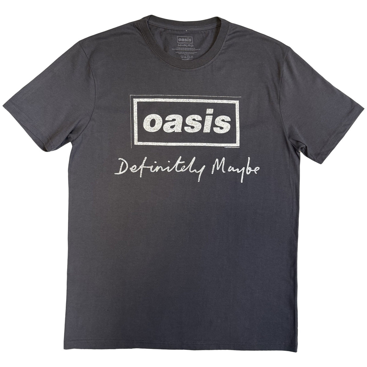 Oasis Unisex T-Shirt: Definitely Maybe Distressed Text Logo (Charcoal Grey)