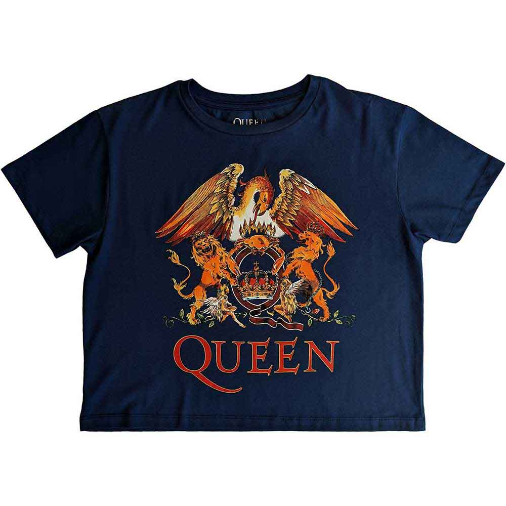 Queen Ladies Crop Top: Classic Crest (Denim Blue)