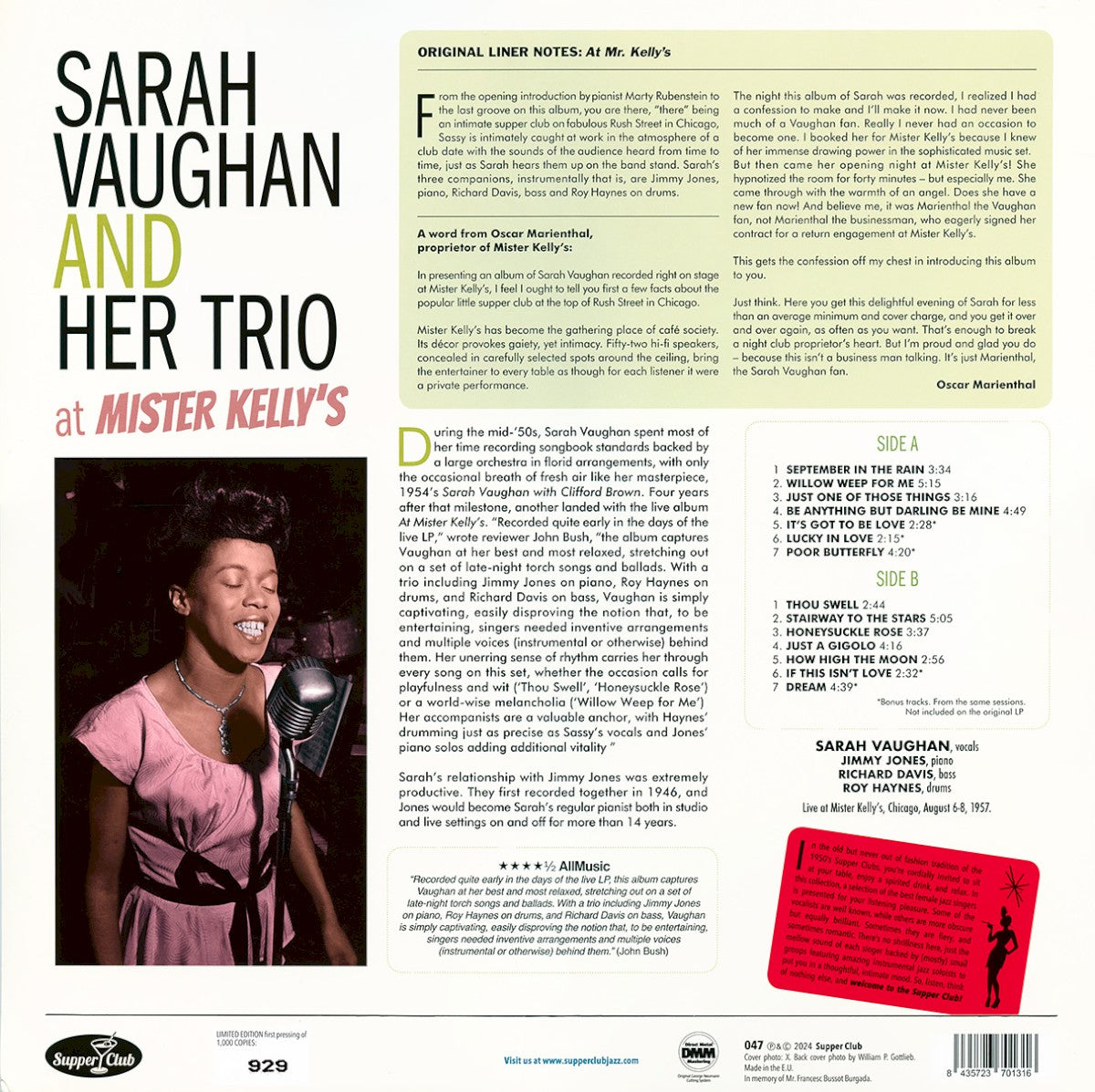 Sarah Vaughan and Her Trio – Sarah Vaughan at Mister Kelly’s — back cover