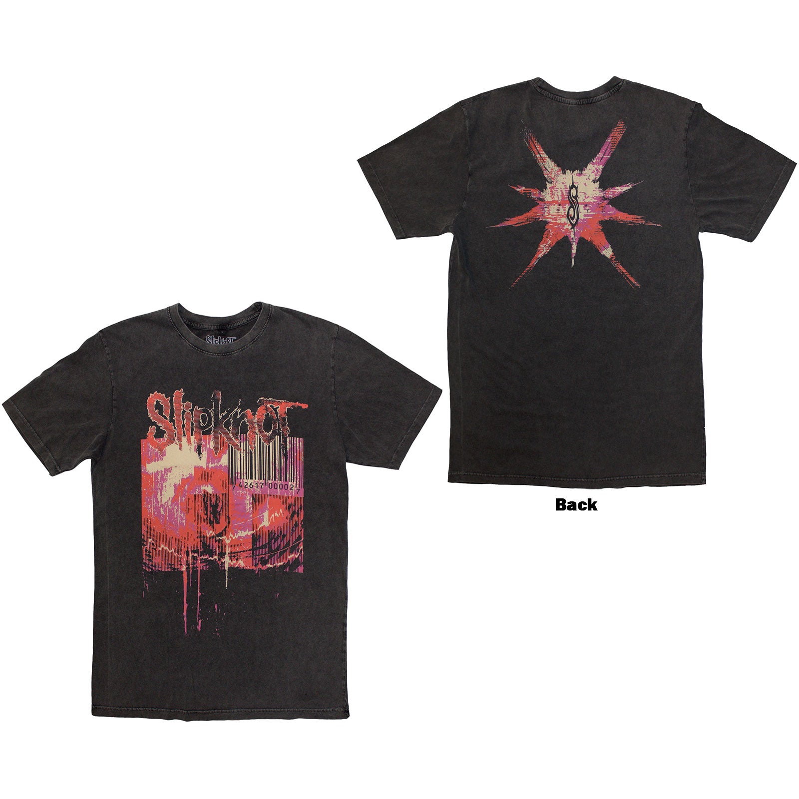 Slipknot Unisex Stone Wash T-Shirt: The End, So Far Barcode (Charcoal Grey) (Back Print)