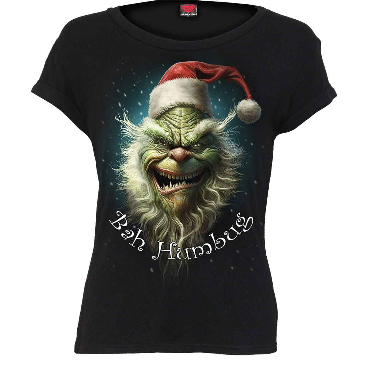 Spiral Ladies Boatneck Cap Sleeve T-Shirt: Bah Humbug (Black)