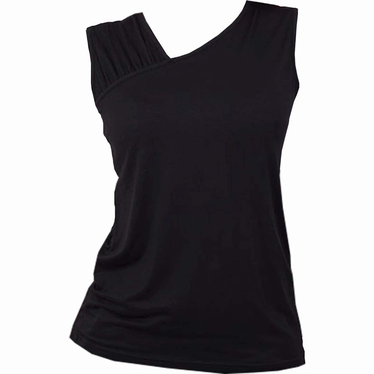 Spiral Ladies Gathered Shoulder Slant Vest T-Shirt: Plain (Black) (Blank)