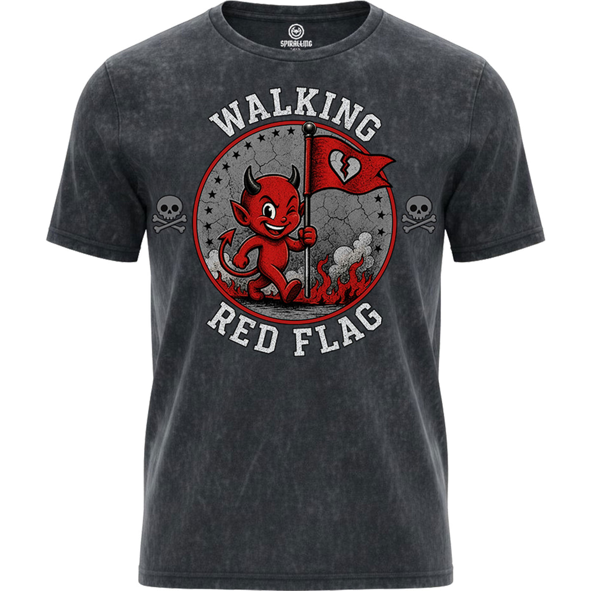 Spiral Unisex Acid Wash T-Shirt: Red Flag (Black & Grey)