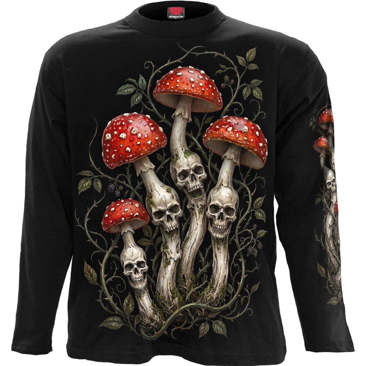 Spiral Unisex Long Sleeve T-Shirt: Shrooms (Black) (Back & Sleeve Print)