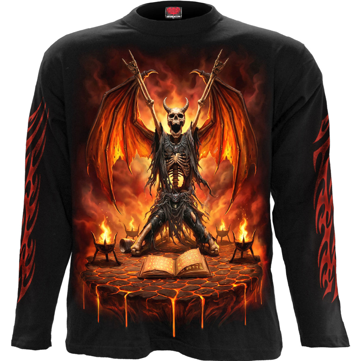 Spiral Unisex Long Sleeve T-Shirt: Skeletal Worship (Black) (Back & Sleeve Print)