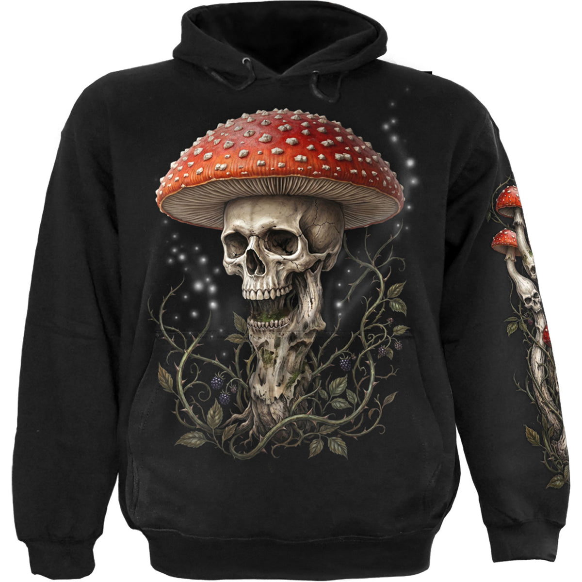 Spiral Unisex Pullover Hoodie: Shrooms (Black) (Back & Sleeve Print)