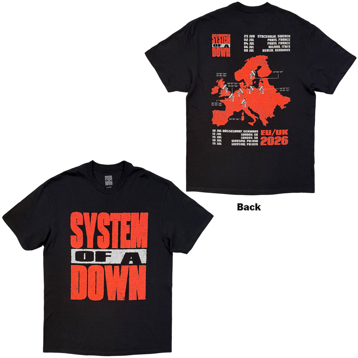 System Of A Down Unisex T-Shirt: Map Backprint Tour '26 (Black) (Back Print & Ex-Tour)