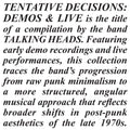 Talking Heads – Tentative Decisions: Demos & Live