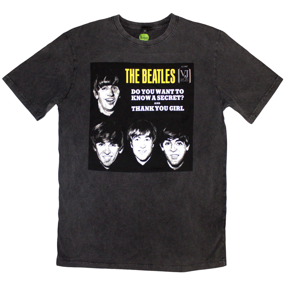 The Beatles Unisex Stone Wash T-Shirt: VJ Secret Sleeve (Charcoal Grey)