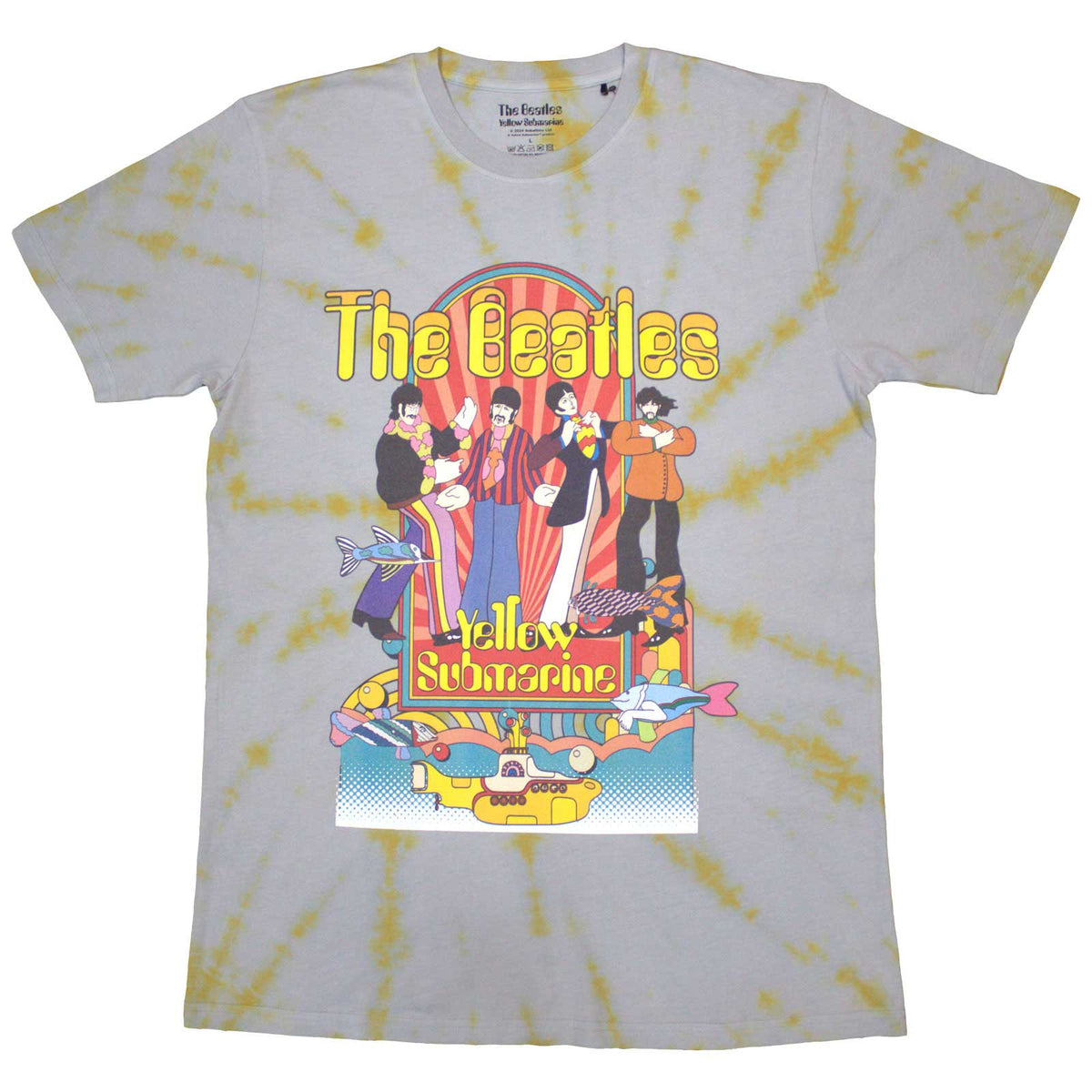The Beatles Unisex T-Shirt: Yellow Submarine Band & Fish (Grey) (Wash Collection)