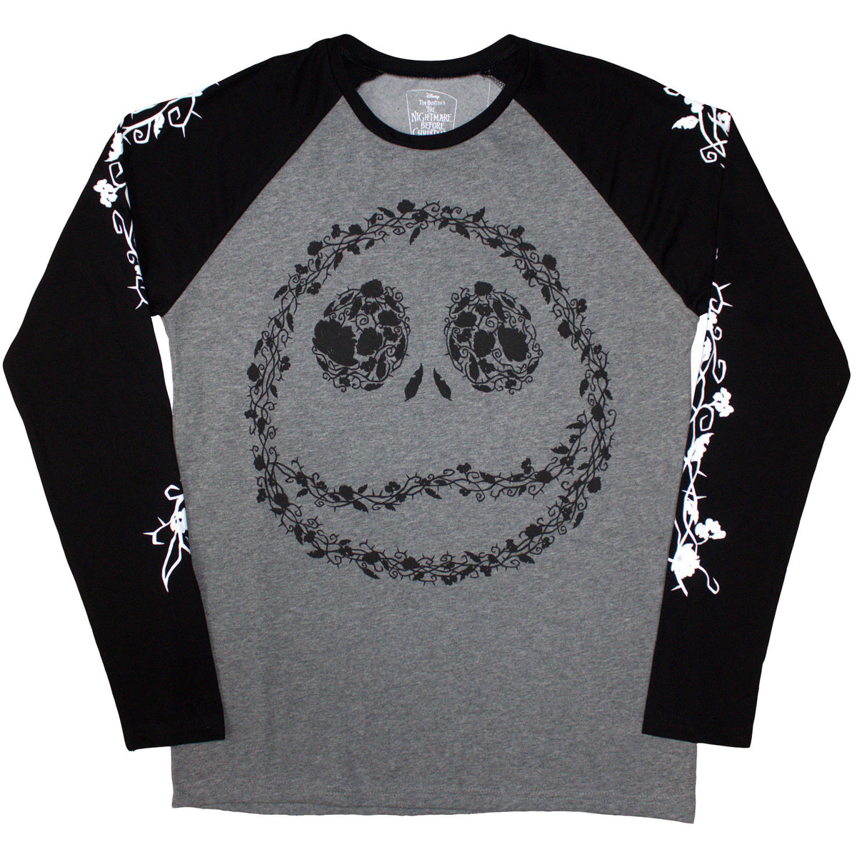 The Nightmare Before Christmas Unisex Raglan T-Shirt: Floral Jack (Black & Grey) (Embellished)
