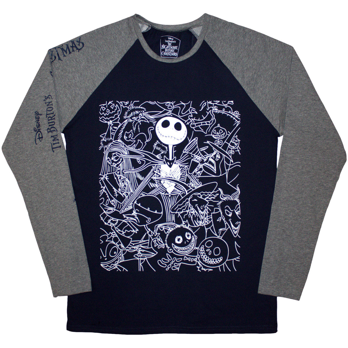 The Nightmare Before Christmas Unisex Raglan T-Shirt: Jack Crowd (Navy Blue & Grey) (Embellished)