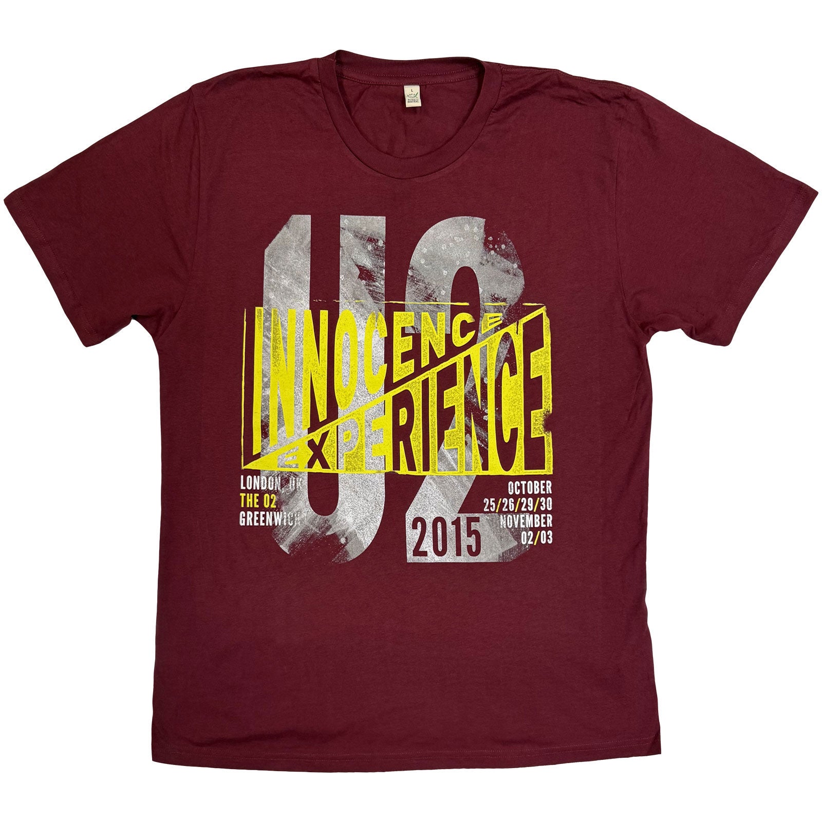 U2 Unisex T-Shirt: I+E London Event 2018 (Maroon Red) (Ex-Tour)