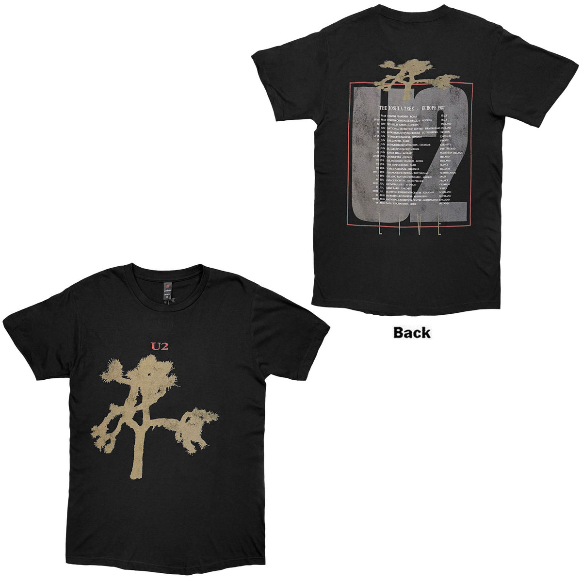 U2 Unisex T-Shirt: Joshua Tree European Tour '87 (Black) (Back Print)
