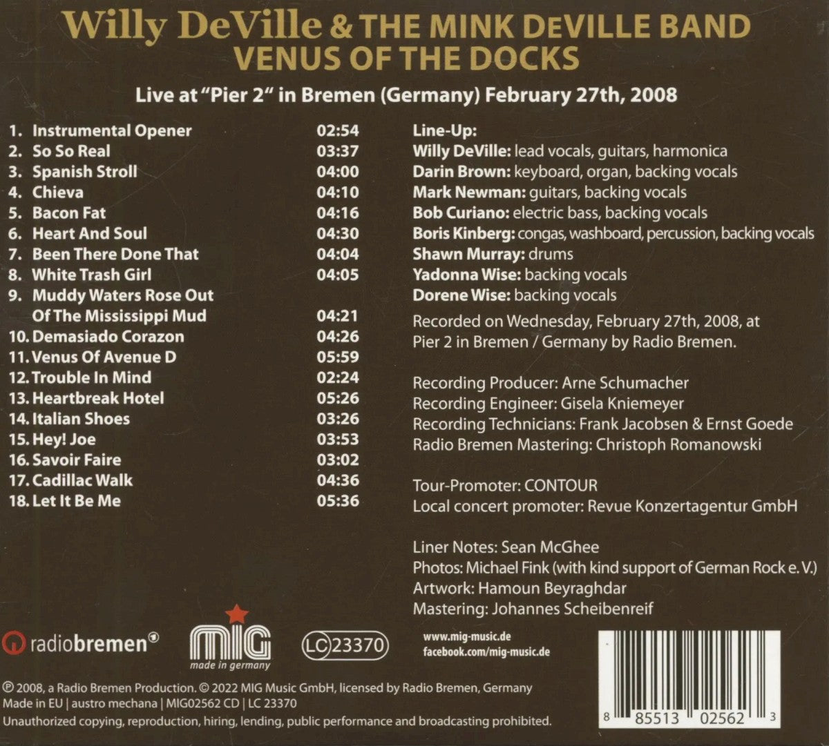 Willy DeVille – Venus of the Docks: Live in Bremen 2008 — back cover